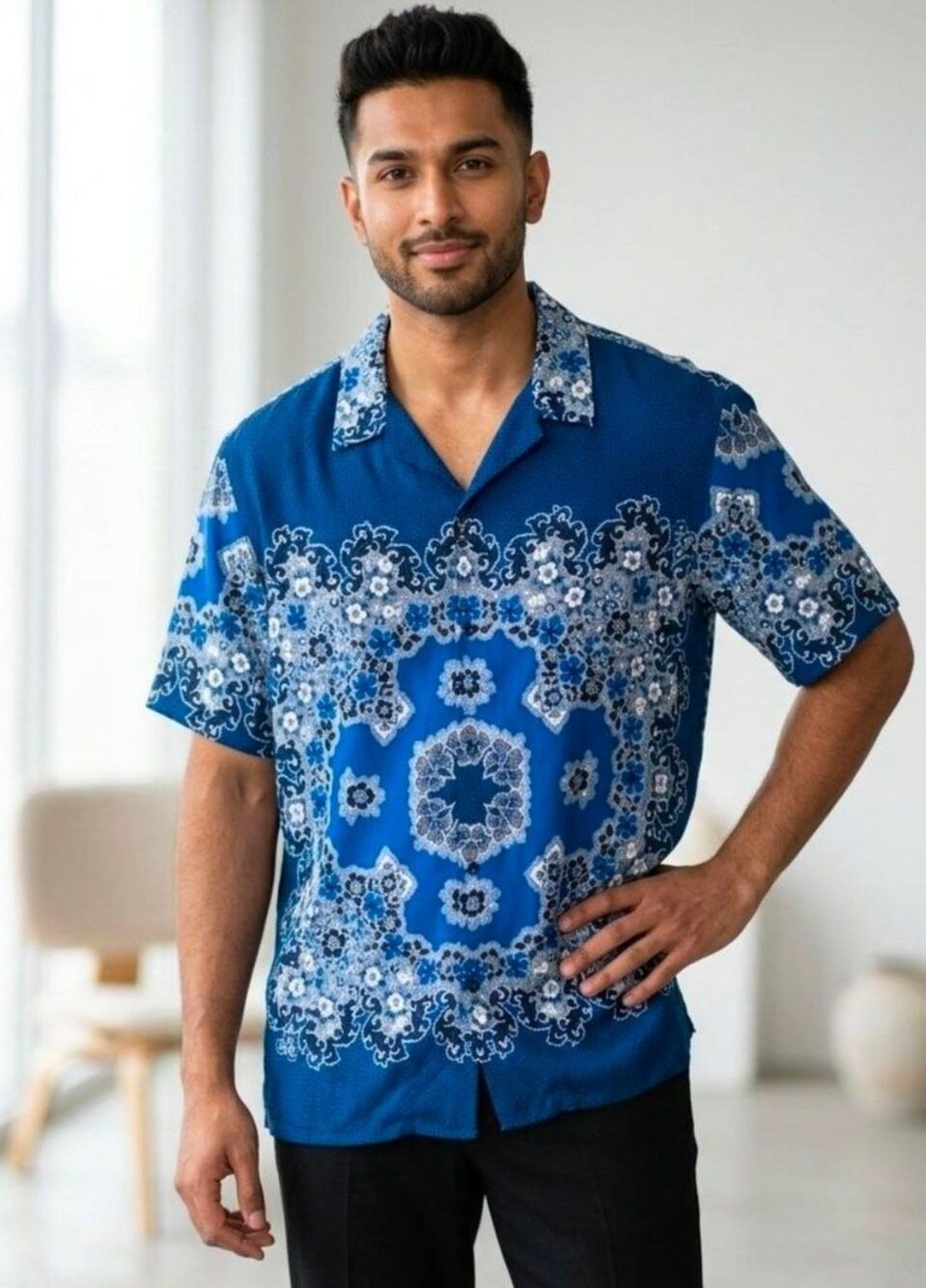 Express Men's Blue Floral Pattern Short Sleeve Shirt - XL